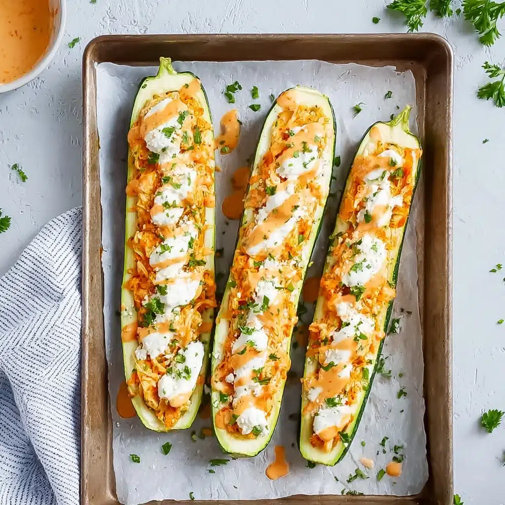 High Protein Buffalo Chicken Stuffed Zucchini Boats Recipe