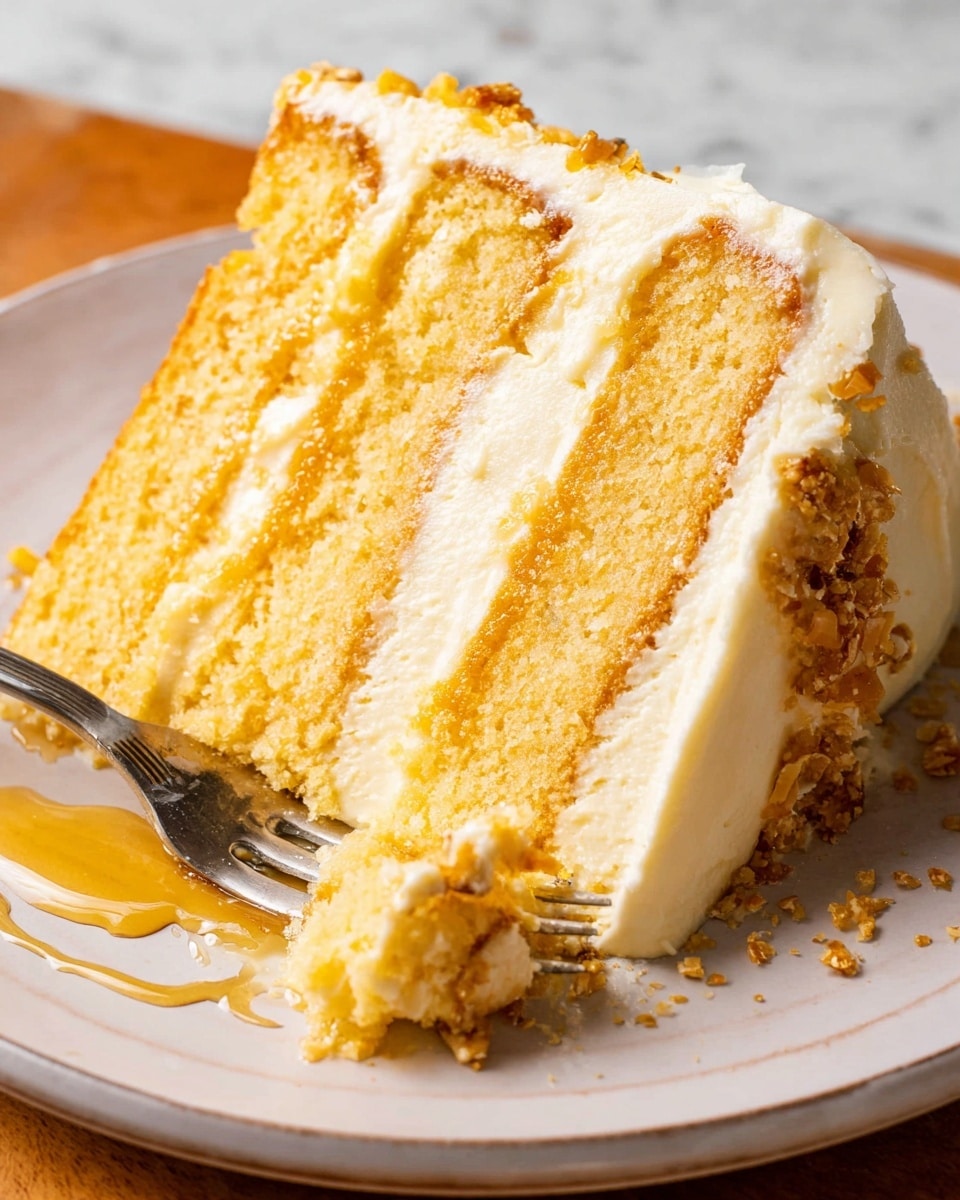 A slice of three-layer golden yellow cake with light, fluffy texture sits on a white plate, each layer separated by smooth, creamy off-white frosting. The outer edges of the cake are coated with the same frosting, which has a slightly soft appearance. A silver fork is cutting a small piece from the bottom layer, showing the soft crumb inside. Light golden syrup is drizzled over the cake and plate, adding a shiny glaze, with some small crunchy bits sprinkled on top and around the plate. The surface under the plate is a white marbled texture. photo taken with an iphone --ar 4:5 --v 7