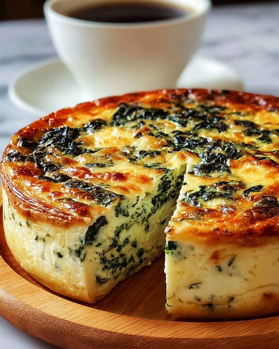The dish is a thick, round quiche with two visible layers: the bottom layer is creamy with small bits of green spinach scattered throughout, while the top layer shows a golden-brown baked cheese surface with leafy dark green spinach patches that glisten slightly. The edges of the quiche have a soft, slightly wrinkled crust that blends into the creamy base. It sits on a smooth wooden board with a white marbled surface in the background, and a white cup of black coffee is placed behind the quiche, slightly out of focus. photo taken with an iphone --ar 4:5 --v 7