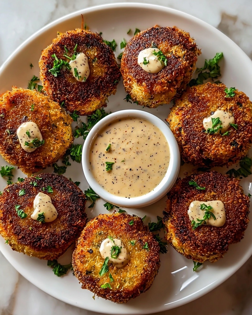 A white round plate holds seven golden-brown, crispy patties arranged in a circle with a small white bowl of creamy beige sauce in the center, sprinkled with bits of green herbs and black pepper. Each patty is topped with a small dollop of the same sauce and garnished with green parsley pieces. The patties have a rough, crunchy texture and a deep golden color. The plate sits on a white marbled surface. photo taken with an iphone --ar 4:5 --v 7