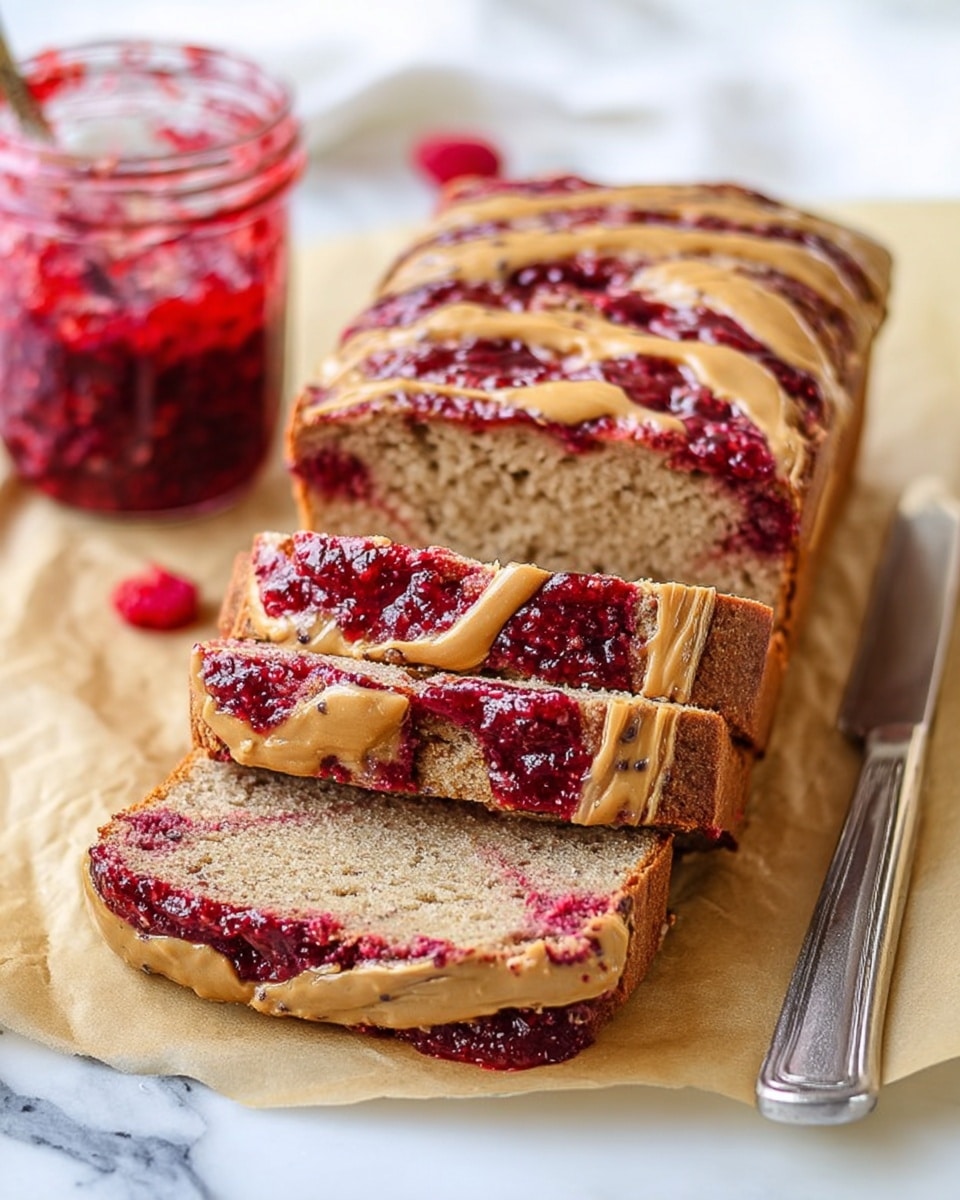 The image shows a loaf of bread that is sliced in three thick pieces. The bread has a light brown color inside with a soft texture. There is a spread of red raspberry jam and light brown peanut butter on top and in between layers, creating a swirled pattern with visible raspberry seeds and smooth peanut butter. The bread is placed on a piece of brown parchment paper on a white marbled surface. Next to the loaf is a clear glass jar filled with red raspberry jam, and a silver knife is nearby. photo taken with an iphone --ar 4:5 --v 7