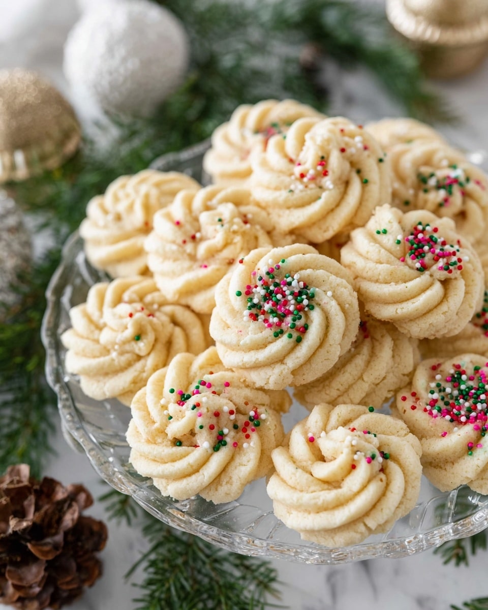 A clear glass plate holds about a dozen round shortbread cookies, each with a swirled, rope-like pattern creating a flower shape. Some cookies are plain light golden brown, while others have small red, green, white, and pink round sprinkles spread on top. The plate sits on a white marbled surface, surrounded by green pine branches, a brown pine cone, and blurred white and gold decorative objects in the background. The cookies appear soft and crumbly with a smooth texture. photo taken with an iphone --ar 4:5 --v 7