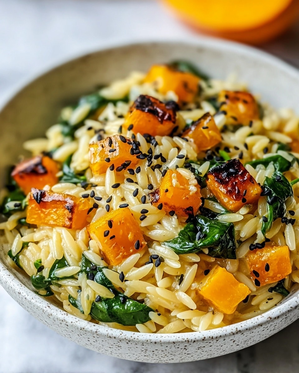 A close-up image of a white speckled bowl filled with orzo pasta, golden roasted butternut squash cubes with slight char marks, bright green wilted spinach leaves, and scattered black sesame seeds on top. The orzo pasta creates a creamy, smooth base layer, while the butternut squash adds vibrant orange color and texture, and the spinach leaves are mixed throughout, adding fresh green contrast. The bowl sits on a white marbled textured surface with a blurred orange object in the background. Photo taken with an iphone --ar 4:5 --v 7