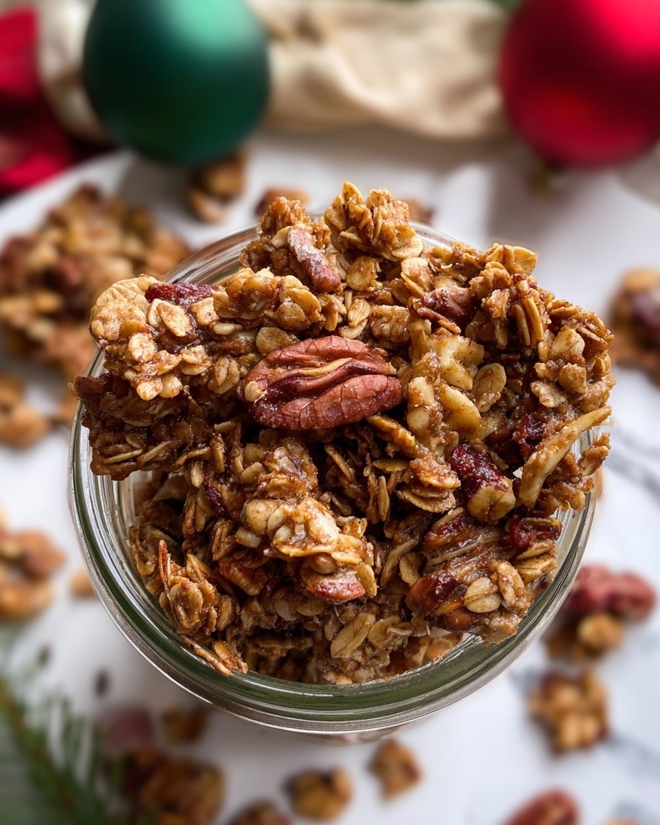 A close-up of a glass jar full of chunky granola placed on a white marbled surface. The granola is made of uneven clusters of oats, chopped nuts like walnuts and pecans, all baked to a golden brown with a slightly sticky texture that holds the clusters together. The background has blurred decorations in red, green, and beige colors, adding a cozy, festive feel. photo taken with an iphone --ar 4:5 --v 7