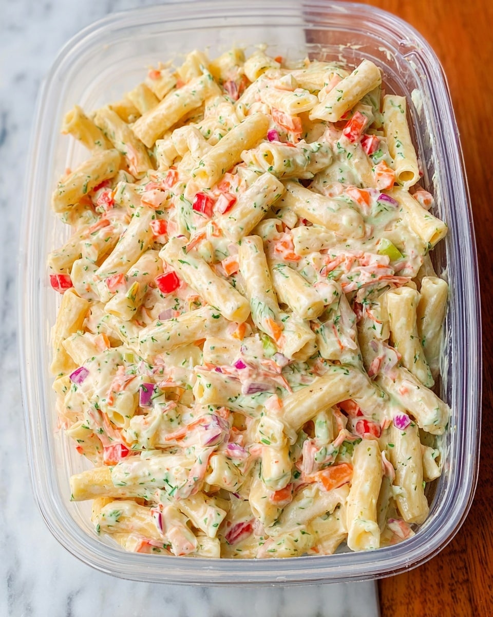 The image shows a clear plastic container filled with a creamy pasta salad. The salad has large, tube-shaped pasta pieces in a pale yellow color mixed with a thick white dressing speckled with green herbs. Scattered throughout are small, colorful chunks of red bell pepper, orange carrot, green celery, and bits of red onion, creating a mix of orange, red, green, and purple colors that contrast with the pale pasta and sauce. The pasta salad fills the container nearly to the top, and the container sits on a white marbled surface. photo taken with an iphone --ar 4:5 --v 7