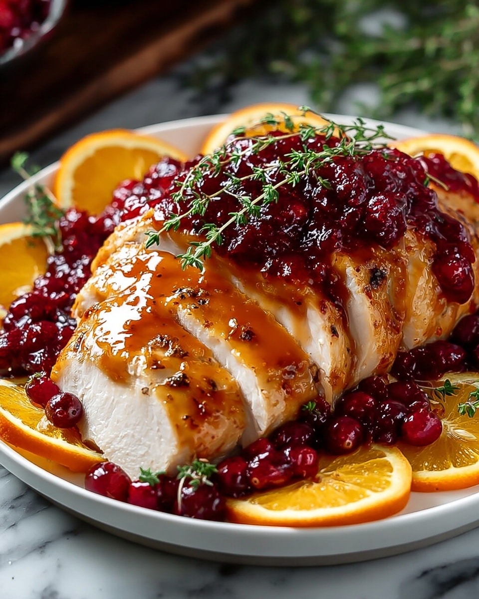 A white plate holds a sliced glazed turkey breast on a white marbled surface. The turkey has five even layers, each with a golden-brown, shiny glaze with a smooth texture. Bright red cranberry sauce with visible whole cranberries covers the top and surrounds the turkey base, adding a glossy, slightly chunky texture. Fresh green thyme sprigs lay on top, adding a bright contrast. Around the turkey, there are four orange slices with a juicy, textured look. Photo taken with an iphone --ar 4:5 --v 7
