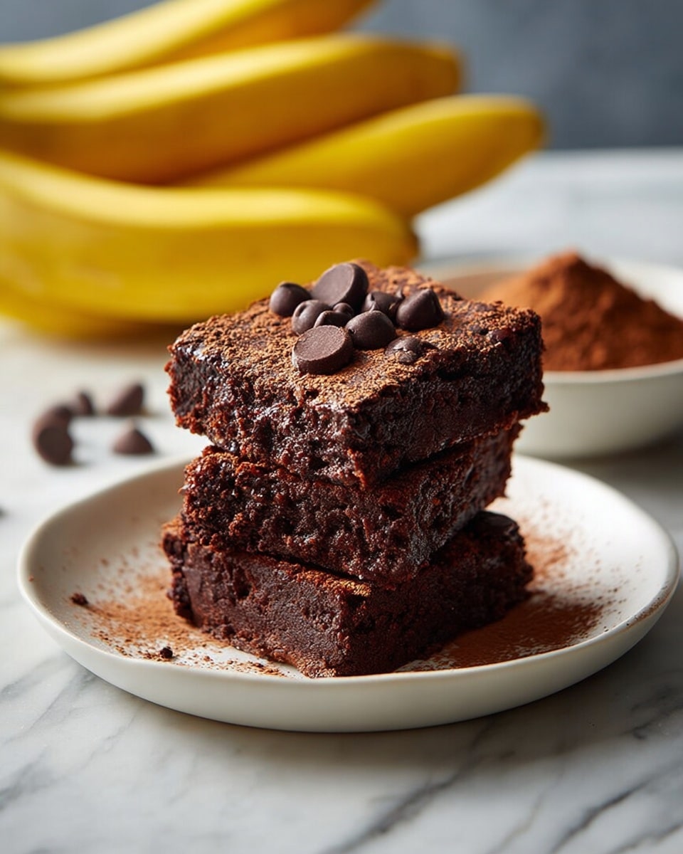 A stack of three thick, square chocolate brownies is placed on a white plate with some cocoa powder and chocolate chips scattered around. The brownies have a dark, rich brown color and a slightly crumbly texture on the edges with a moist inside. The top brownie is decorated with several chocolate chips embedded in the surface. In the blurred background, there is a bunch of yellow bananas and a white bowl filled with cocoa powder. The whole setup rests on a white marbled surface. photo taken with an iphone --ar 4:5 --v 7