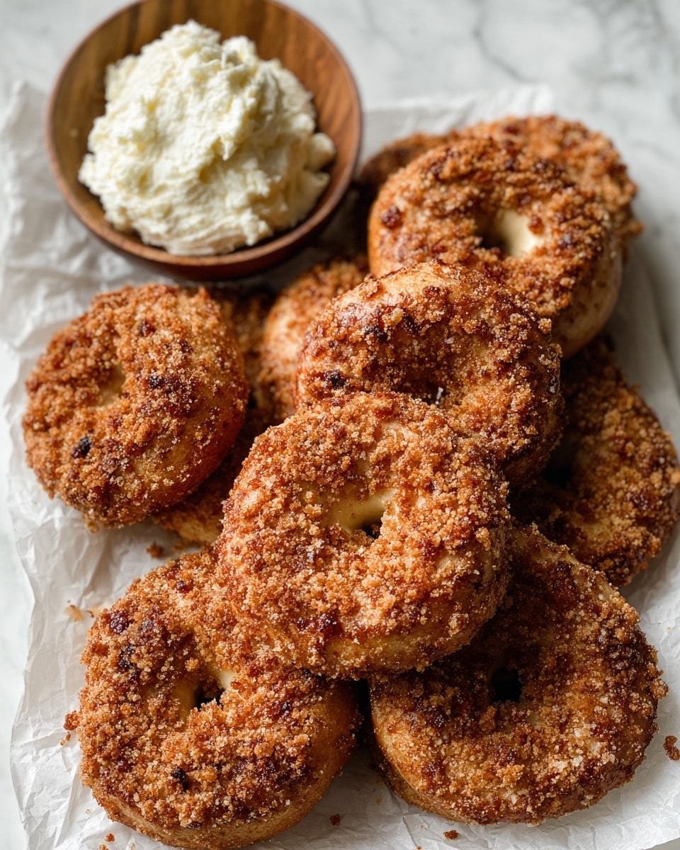 A close-up image shows a pile of eight round, golden brown bagels with a crunchy textured topping that looks like crumbly sugar or streusel. The bagels have a light to medium tan color with darker spots where the topping is thicker. They rest on crumpled white parchment paper over a white marbled surface. In the top left corner, there is a small wooden bowl filled with a fluffy, creamy white spread. The photo captures the rough crumbly texture of the topping and the soft creaminess of the spread, creating a warm, inviting look. photo taken with an iphone --ar 4:5 --v 7