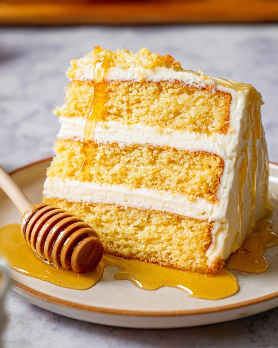 A close-up of a three-layer yellow cake slice with light cream filling between each layer on a white plate, with honey drizzled over the sides and pooling on the plate. A wooden honey dipper rests in the honey next to the cake. The cake layers are textured and moist, while the cream layers are smooth and creamy. The background is a white marbled texture. Photo taken with an iphone --ar 4:5 --v 7