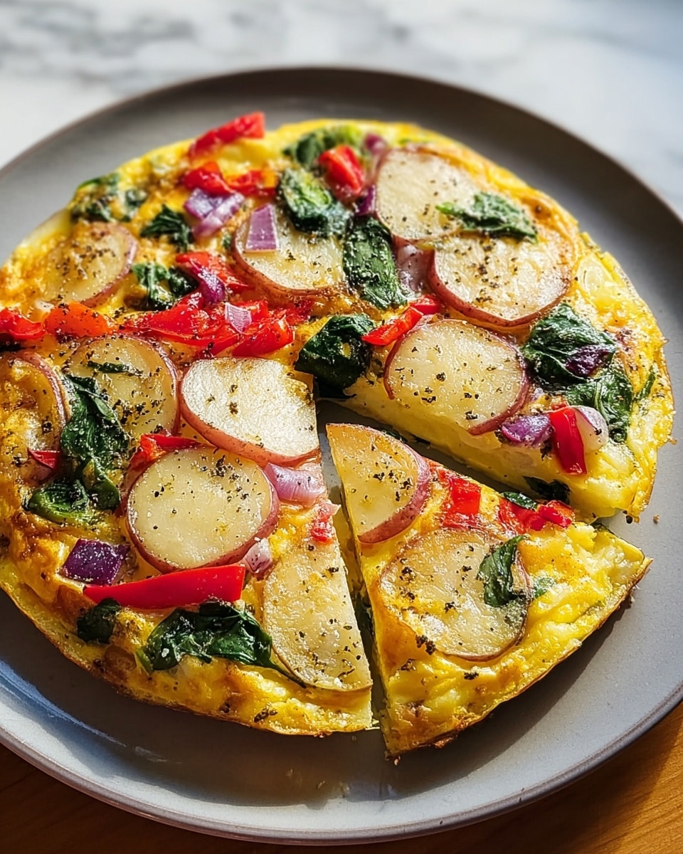 The image shows a round frittata on a white plate, with one slice removed. The base layer is a golden cooked egg mixture, topped with several large, round slices of pale yellow potato arranged evenly across the surface. Among the potato slices, there are bright red bell pepper pieces and chunky segments of light purple onion scattered around. Green spinach leaves are spread underneath these, and small cuts of fresh green chives are sprinkled on top. The surface is sprinkled with black pepper. The plate is set on a white marbled surface. Photo taken with an iphone --ar 4:5 --v 7