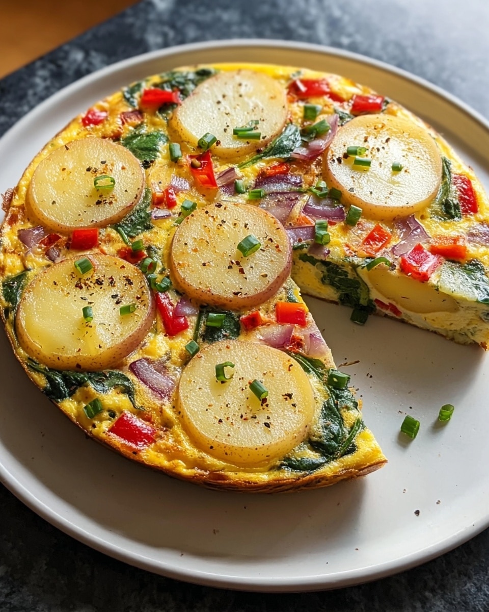A round frittata with a golden yellow base layer of cooked eggs is topped with thin slices of light brown potato, bright red bell pepper pieces, wilted dark green spinach leaves, and small chunks of purple onion scattered evenly across the surface. The vegetables and potatoes have a slightly roasted texture, and the dish is sprinkled with coarse black pepper for contrast. One slice is slightly lifted, showing the thick, fluffy texture of the egg base underneath the toppings. The frittata sits on a white plate on a white marbled surface. photo taken with an iphone --ar 4:5 --v 7