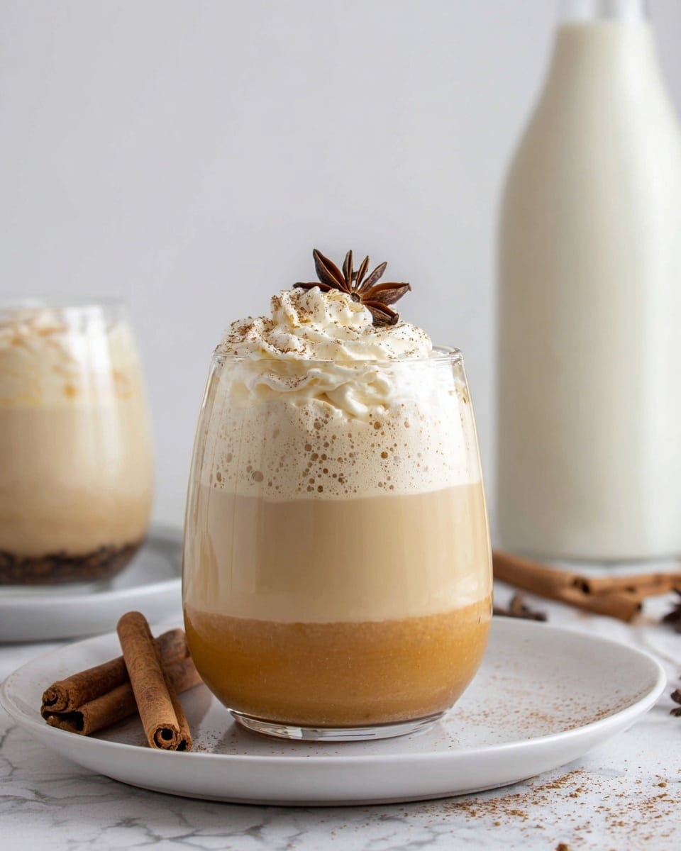 A clear glass filled with three visible layers of a creamy drink sits on a white plate with faint sprinkles of cinnamon and two cinnamon sticks beside it; the bottom layer is a darker brown, the middle layer is a light beige, and the top layer is a frothy off-white topped with a swirl of whipped cream sprinkled with cinnamon and garnished with a star anise; behind the glass, there is a white bottle filled with the same creamy drink and another smaller glass partially visible, all set against a white marbled surface. photo taken with an iphone --ar 4:5 --v 7