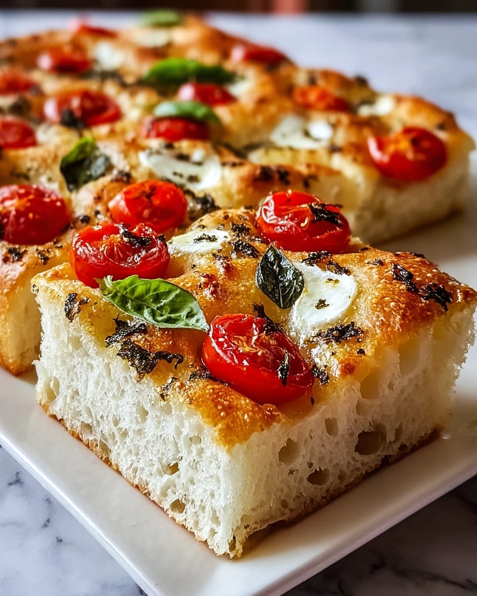 A close-up of a rectangular focaccia bread slice on a white plate placed on a white marbled texture surface, showing three layers: the bottom layer is thick, fluffy, and light beige bread with visible air holes, the middle layer is a golden-brown baked crust, and the top layer is decorated with small, bright red cherry tomato slices, white melted mozzarella cheese patches, scattered dark green basil leaves, and a light sprinkle of dried herbs and black pepper, all glistening slightly with olive oil. Photo taken with an iphone --ar 4:5 --v 7