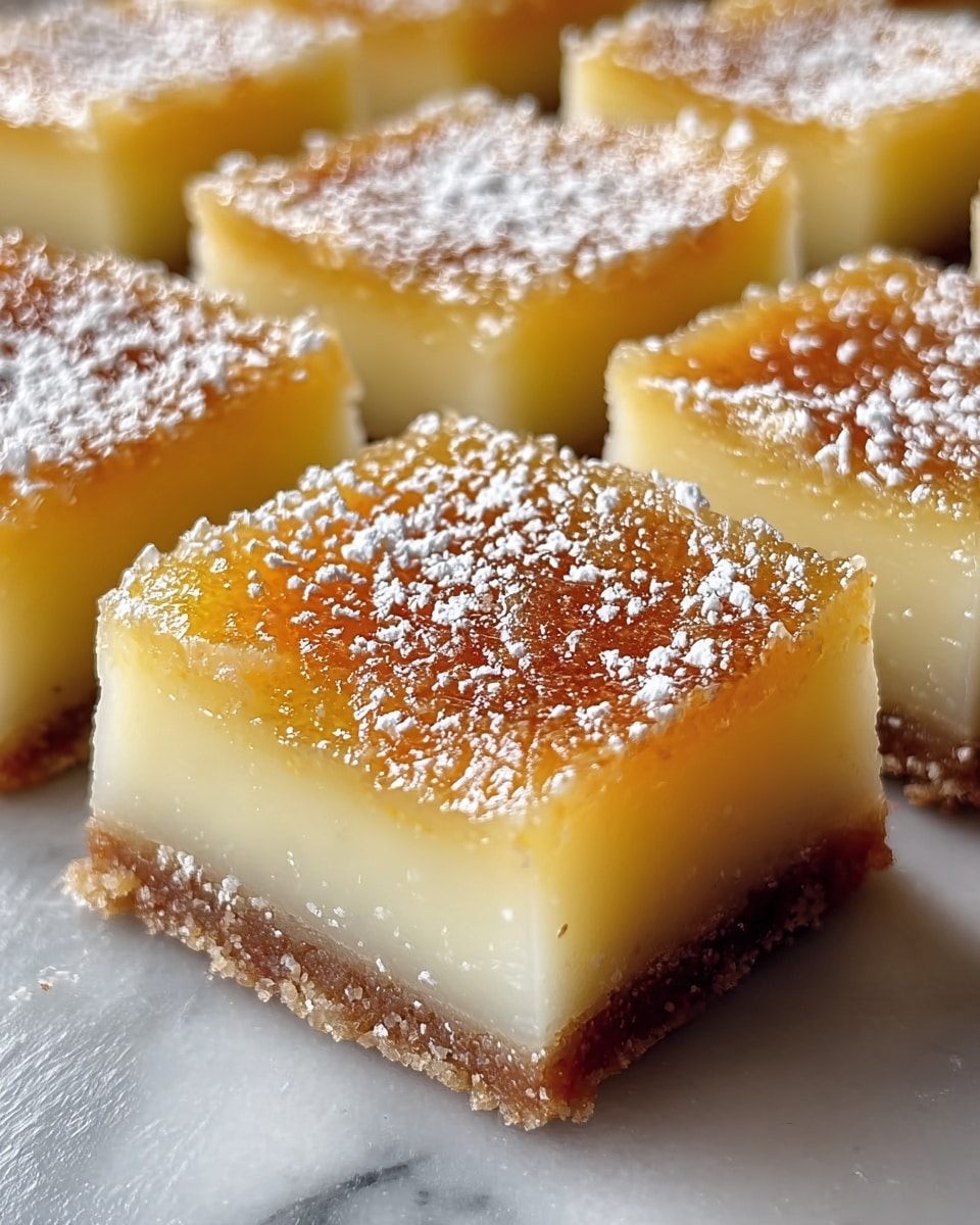 The image shows a close-up of several square lemon bars arranged in a tight group. Each lemon bar has three clear layers: a thin, crumbly brown base, a thick, smooth, pale yellow middle layer, and a slightly caramelized top layer with a golden-brown color and a glossy texture. The top surface is sprinkled lightly with powdered sugar, adding a soft white dusting that contrasts with the warm top layer. The lemon bars appear moist and dense, placed on a white marbled surface. Photo taken with an iphone --ar 4:5 --v 7