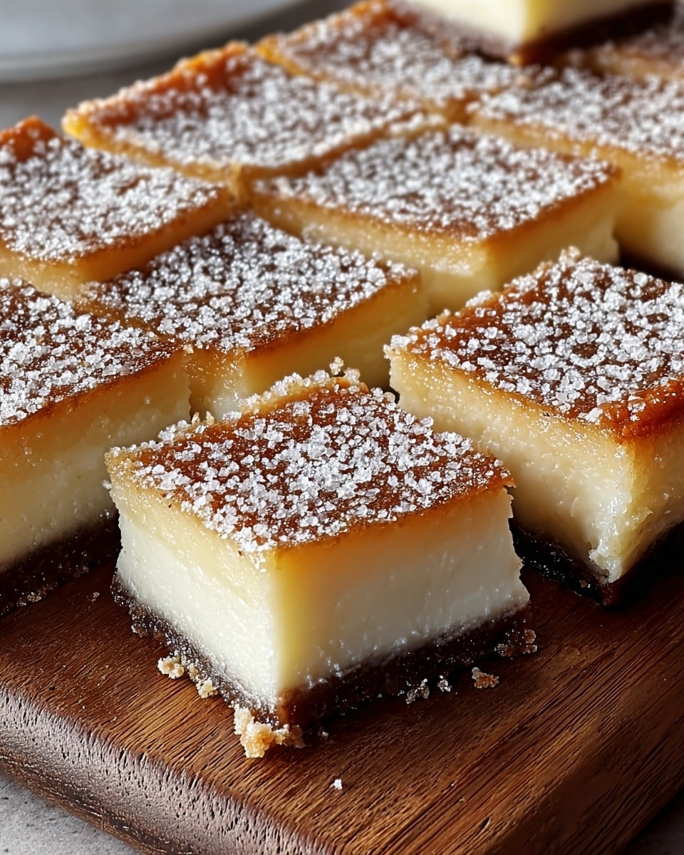 The image shows a close-up of a dessert cut into square pieces, arranged on a wooden board. The dessert has three distinct layers: the bottom layer is a thin, dark brown crust, the middle layer is a thick, creamy off-white filling with a smooth texture, and the top layer is a golden-brown crust sprinkled with coarse white sugar crystals. One piece is slightly separated from the rest, showing the contrast between the soft inside and the crisp top. The overall look is warm and inviting with a slight dusting of sugar giving a delicate sparkle. Photo taken with an iphone --ar 4:5 --v 7