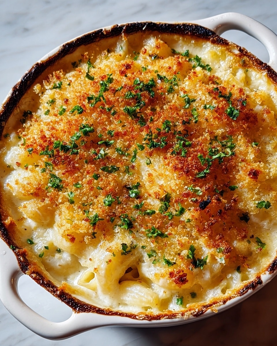 The dish is a creamy baked mac and cheese served in a round white ceramic dish with handles. The top layer is a golden-brown crispy breadcrumb crust, scattered with small green parsley pieces. Beneath the crust, the mac and cheese is creamy with visible elbow macaroni, soft and covered in smooth, melted cheese sauce. The edges of the white dish have a slight brown baked texture, indicating it was oven-cooked. The dish sits on a white marbled surface, and the lighting highlights the shiny, cheesy texture and the crumbly top layer. Photo taken with an iphone --ar 4:5 --v 7