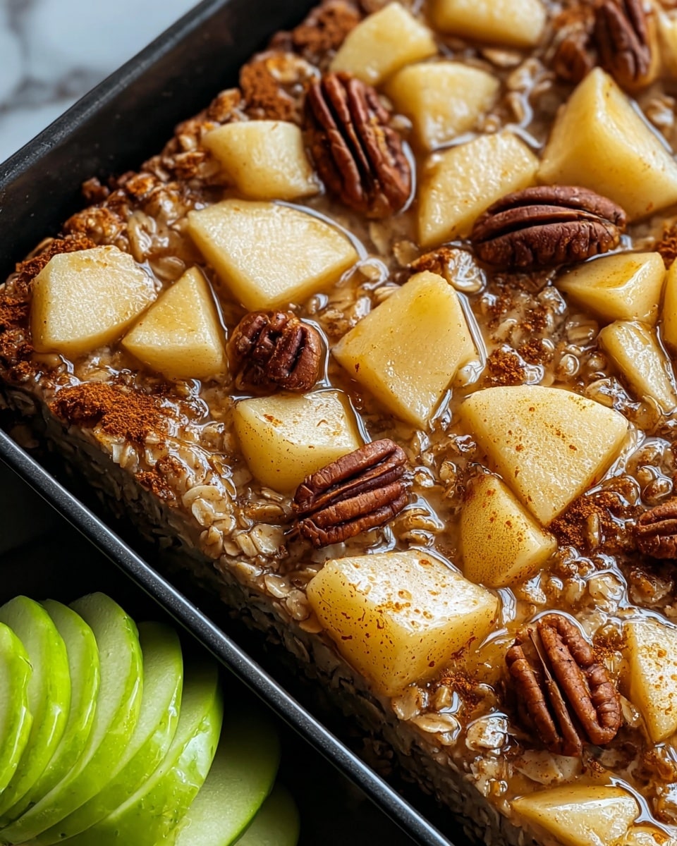 The image shows a close-up of a baked oatmeal square in a black pan. The oatmeal base is soft and textured with visible oats. On top, there are many pieces of soft cooked apples, lightly browned with a sprinkle of cinnamon giving an orange-brown color. Scattered between the apples are small brown pecan halves. The oatmeal is shiny with a drizzle of golden syrup making it look moist and sweet. In the corner, there are two slices of bright green fresh apple with a bit of nut butter on top, placed on a white marbled surface. Photo taken with an iphone --ar 4:5 --v 7