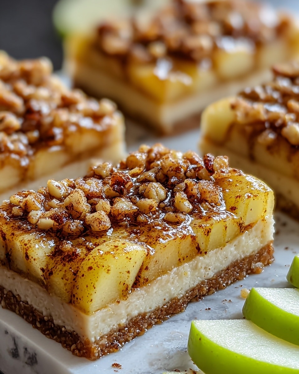 The image shows a close-up of a square slice of dessert bar on a white marbled surface. The dessert has three visible layers: a thick bottom layer that is light beige and smooth, a middle layer of apple slices with golden-yellow color and a cinnamon powder sprinkled on top, and a top layer of chopped nuts with a glossy honey drizzle adding shine. In the background, there are more slices of the same dessert blurred out, and sliced green apples to the right side. photo taken with an iphone --ar 4:5 --v 7