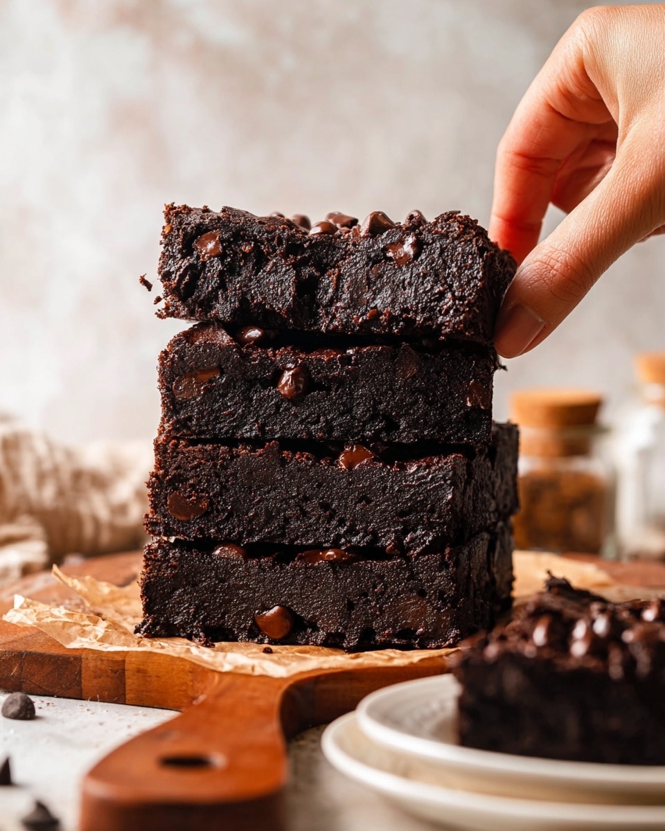 A stack of four thick, dark chocolate brownies with a dense, moist texture sits on a piece of parchment paper covering a wooden board. Each brownie is dotted with melted chocolate chips that add a shiny texture against the matte, rich dark brown surface. A woman's hand is lifting the top brownie from the stack, showing its soft and slightly crumbly edges. In the foreground, a white plate holds more brownies, while the background features a blurred white marbled texture and subtle kitchen items. photo taken with an iphone --ar 4:5 --v 7