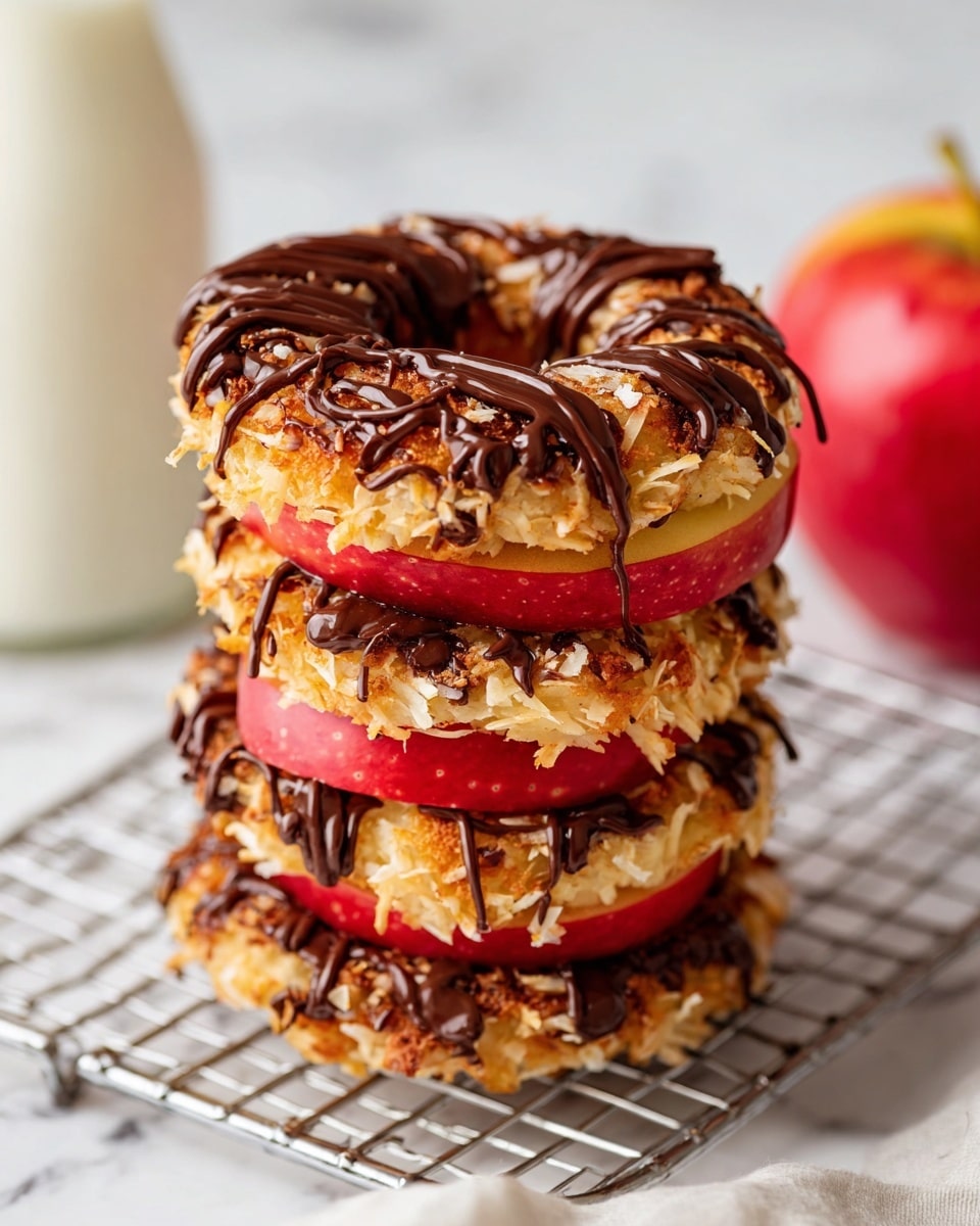 The image shows round treats with two main layers: the bottom layer is a thick, juicy red apple slice, and the top layer is a textured, light beige oat mixture shaped in a ring with a hole in the center. On top, there are irregular drizzles of smooth, dark brown chocolate. Several of these treats are stacked softly in the background, set on a white marbled surface. photo taken with an iphone --ar 4:5 --v 7