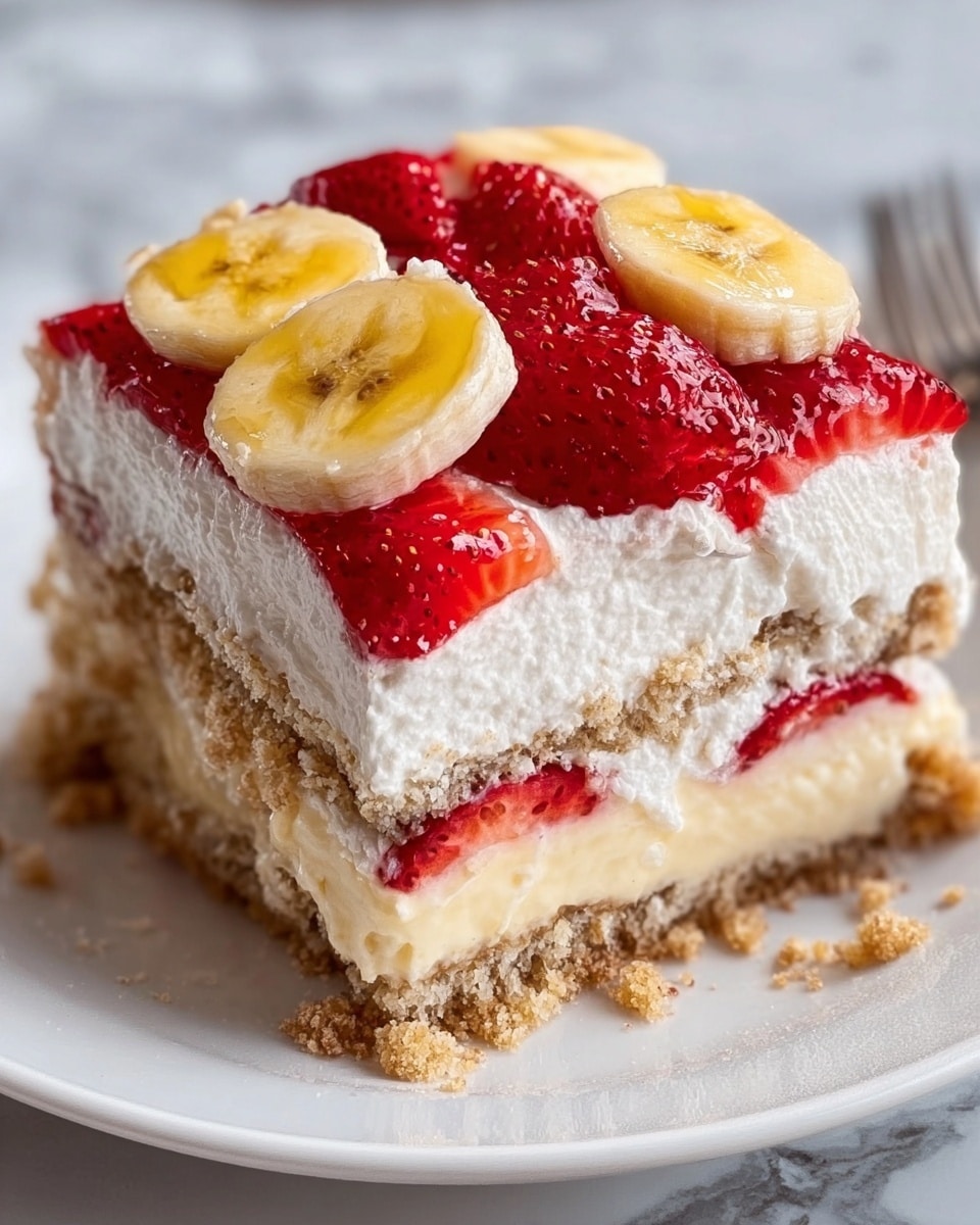 The image shows a close-up of a square slice of a layered dessert placed on a white plate. The dessert has three visible layers: the bottom and middle layers are made of a crumbly, soft brown cake or biscuit texture, while the middle layer is topped with a thick, creamy white layer. The top layer is a thick spread of white cream with chunks of bright red strawberries and round slices of pale yellow banana neatly arranged on it. The surface beneath the plate is a white marbled texture, and the overall look is fresh and inviting. A woman's hand is slightly visible holding a spoon near the bottom right of the image. Photo taken with an iphone --ar 4:5 --v 7