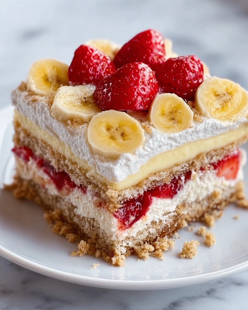 The image shows a square slice of dessert with three visible layers on a white plate. The bottom layer is a light brown crumbly cake. On top of that is a smooth pale yellow creamy layer. The third layer is white whipped cream spread evenly, topped with bright red strawberries and sliced yellow bananas. The strawberries are whole and vibrant, while the banana slices are placed on top in a neat arrangement. The dessert looks soft and moist, and the background is a white marbled texture. photo taken with an iphone --ar 4:5 --v 7