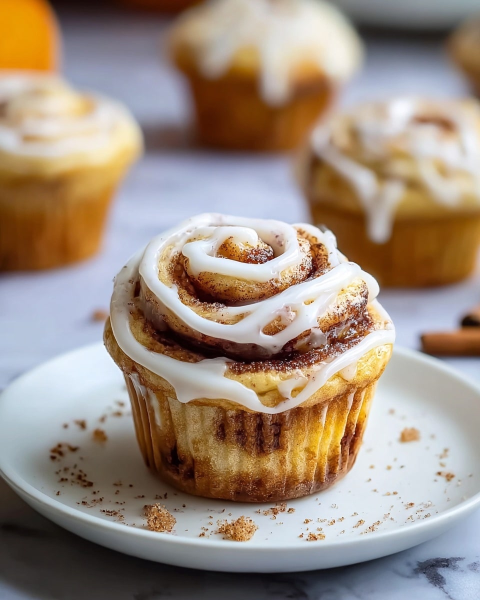 The image shows a close-up of a cinnamon roll muffin with three main layers. The bottom layer is a light golden-brown muffin base with darker cinnamon swirls visible inside. The middle layer is a soft, spiral-shaped cinnamon roll pattern rising above the muffin base. The top layer has a thick white icing drizzle, applied in a loose spiral pattern, and is sprinkled lightly with cinnamon powder. The muffin sits on a white plate with small cinnamon and sugar crumbs around it. In the background, there are more similar muffins slightly out of focus, placed on the white marbled surface. The photo taken with an iphone --ar 4:5 --v 7