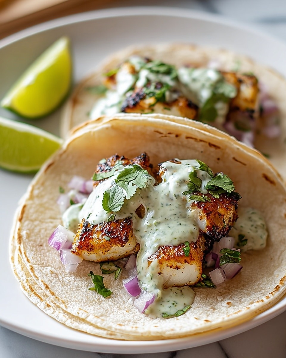 Two grilled fish tacos are on a white plate with a white marbled surface background. Each taco has three layers: the bottom layer is a soft, lightly toasted white flour tortilla, the middle layer contains grilled fish pieces with a charred golden-brown texture, topped with diced red onion and chopped green cilantro. On top, there is a dollop of creamy white sauce with green herbs visible. One taco is garnished with a lime wedge leaning against it. Photo taken with an iphone --ar 4:5 --v 7
