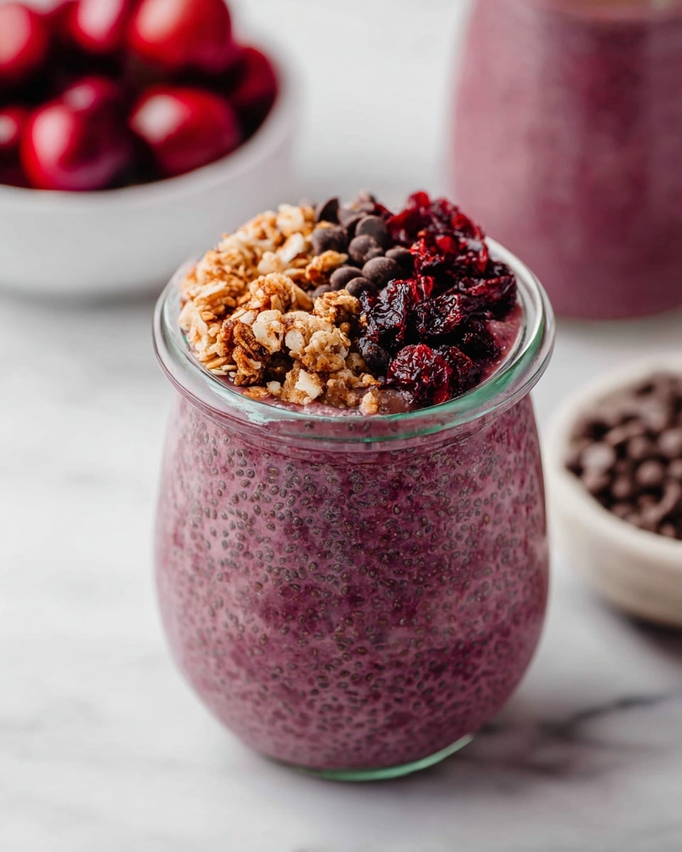 A clear glass jar filled with a thick, purple chia pudding mixed evenly throughout with visible chia seeds, topped with three distinct layers: on the left, a light brown granola pile with a crunchy texture; in the middle, dark brown to black chocolate chips scattered throughout; on the right, a small cluster of deep red dried cranberries. In the blurry background, there is a white bowl full of shiny red cherries and another jar of the same purple chia pudding. The whole scene is set on a white marbled surface. photo taken with an iphone --ar 4:5 --v 7