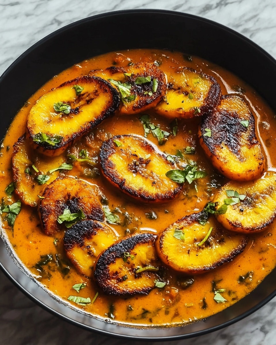 A black pan holds a dish with six golden-yellow banana slices that are charred and caramelized, arranged in a circular pattern on top. The bananas sit in a thick, orange-brown sauce that has visible green pieces, possibly herbs or vegetables, mixed in. Small green leaf garnishes are scattered across the bananas and sauce, adding a fresh touch. The texture of the sauce looks smooth but thick, creating a rich base, while the bananas appear soft and juicy with a shiny surface from the sauce. The background is a white marbled texture, photo taken with an iphone --ar 4:5 --v 7