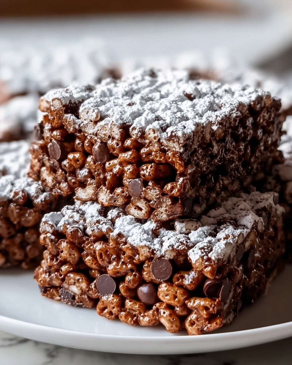 A close-up image of two thick square treats stacked on a white plate, each made from puffed brown cereal mixed with melted chocolate chips, giving a glossy, rich texture. The top layer is covered with a light dusting of white powdered sugar that rests in small peaks, creating a soft contrast against the dark chocolatey surface. The treats appear dense and chewy, with visible round chocolate pieces embedded within. The background is a white marbled texture, enhancing the focus on the textured, layered squares. photo taken with an iphone --ar 4:5 --v 7