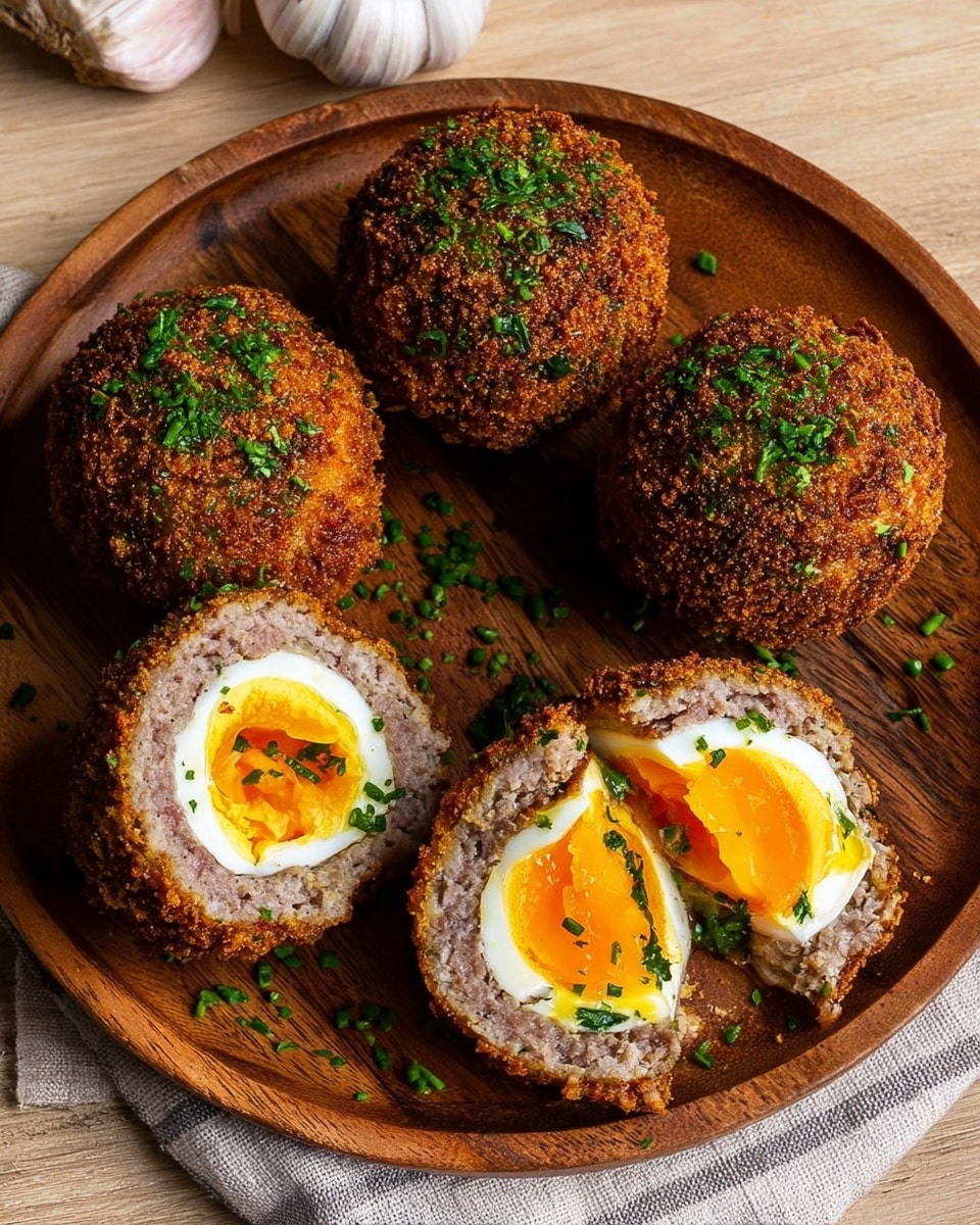 A round wooden plate holds five Scotch eggs, four whole and one cut in half. Each Scotch egg has a crunchy brown outside layer coated in breadcrumbs with green chopped herbs sprinkled on top. The cut egg shows three layers: a smooth white hard-boiled egg white, a bright orange runny yolk in the center, and a thick outer layer of seasoned ground meat in a light brown color. Some of the same green herbs are scattered on the plate. The plate sits on a light wood surface with two garlic bulbs nearby. photo taken with an iphone --ar 4:5 --v 7