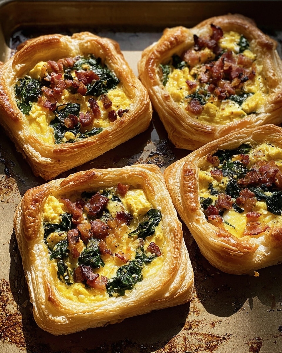 The image shows four square-shaped puff pastry tarts on a baking tray, each tart having multiple flaky golden layers forming a thick, crispy border. Inside each tart, there is a filling composed of bright yellow scrambled eggs, dark green cooked spinach, and small pieces of browned bacon, giving a mix of soft and crispy textures. The layers are distinct, with the puff pastry on the outside fluffy and light, and the inner topping looking moist and rich. The tarts are placed on a baking tray with some dark baking marks. The overall scene has warm, natural lighting. photo taken with an iphone --ar 4:5 --v 7