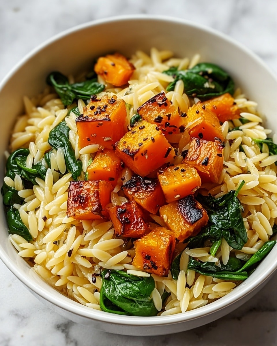 A white bowl filled with three main layers: a base of small, shiny, pale yellow orzo pasta with a smooth texture, mixed with dark green, slightly wilted spinach leaves that show natural bends and folds; scattered on top are roasted, golden-orange cubes of butternut squash with slightly charred edges and a caramelized surface, sprinkled with small black seasoning flakes. The bowl sits on a soft white marbled textured surface. The photo taken with an iphone --ar 4:5 --v 7