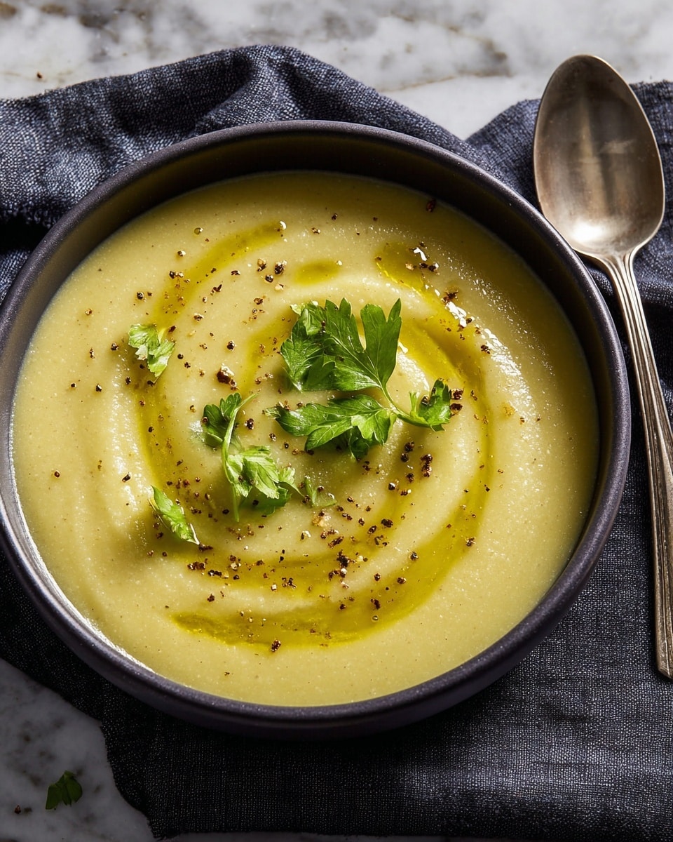 A bowl of creamy pale yellow soup with a smooth texture is shown, swirled in the center. There are small drops of golden olive oil and cracks of black pepper scattered on top. Fresh bright green celery leaves are placed as garnish in the middle of the soup. The soup is served in a round dark bowl sitting on a dark cloth with a silver spoon to the right. The background has a white marbled texture. photo taken with an iphone --ar 4:5 --v 7