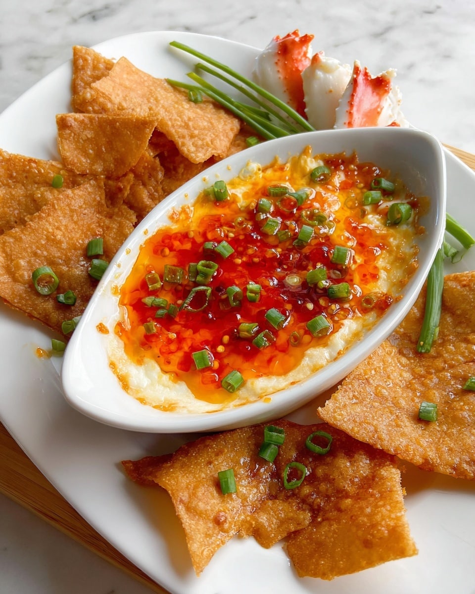 The image shows a white oval dish filled with a creamy dip topped with a bright, glossy orange-red sweet chili sauce sprinkled with small green onion pieces. Surrounding the dish on a white plate are crispy golden-brown triangle chips with a bubbly texture, also garnished lightly with green onion slices. On the side of the plate are a few green chives and a small piece of imitation crab with white and red coloring. The plate itself sits on a white marbled surface. photo taken with an iphone --ar 4:5 --v 7