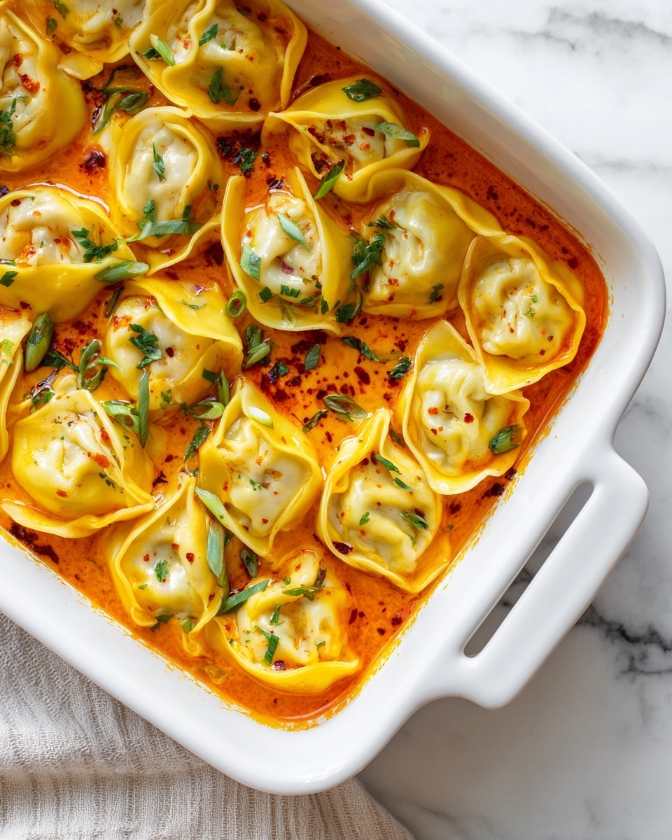 A white baking dish filled with a single layer of folded yellow dumplings, each slightly open, sitting in a smooth, thick orange sauce. The sauce covers almost all dumplings and has small pools of red chili oil on top. Green slices of scallions and small chopped green herbs are spread evenly over the dumplings and sauce. The dumplings show some soft, slightly wrinkled texture where the folds bend upward. The dish is placed on a white marbled surface with part of a cloth towel visible in the corner. photo taken with an iphone --ar 4:5 --v 7