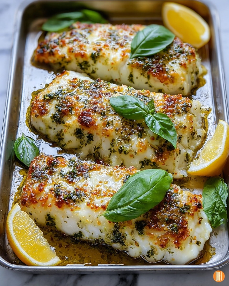 The image shows three thick white fish fillets arranged in a row on a metal baking tray. Each fillet is topped with a golden-brown melted cheese layer that has crispy, slightly charred spots, mixed with green herb bits, adding texture. Bright green basil leaves are placed on top of each fillet, adding a fresh look. Around the edges of the tray, there are lemon wedges with a yellow color that adds contrast. The cooking juices create a shiny, slightly oily pool around the fillets, giving a rich and moist feel. The background has a white marbled texture. photo taken with an iphone --ar 4:5 --v 7