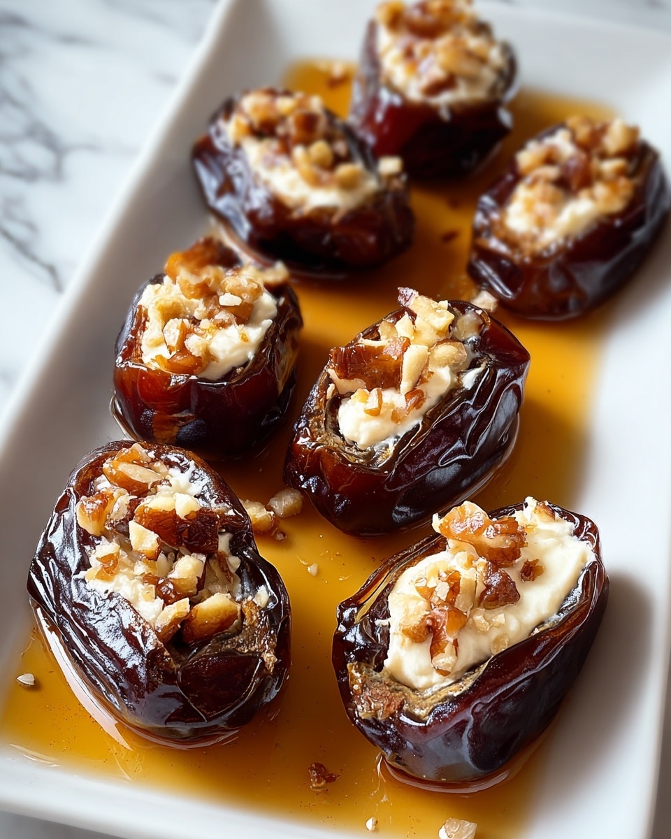 Seven glossy dark brown dates are split open and stuffed with a creamy white filling, each topped with small pieces of chopped light brown nuts. The dates sit in a shallow pool of amber-colored syrup on a white rectangular plate. The texture of the dates is wrinkled and shiny, while the filling is smooth and soft. The background is a white marbled surface. photo taken with an iphone --ar 4:5 --v 7