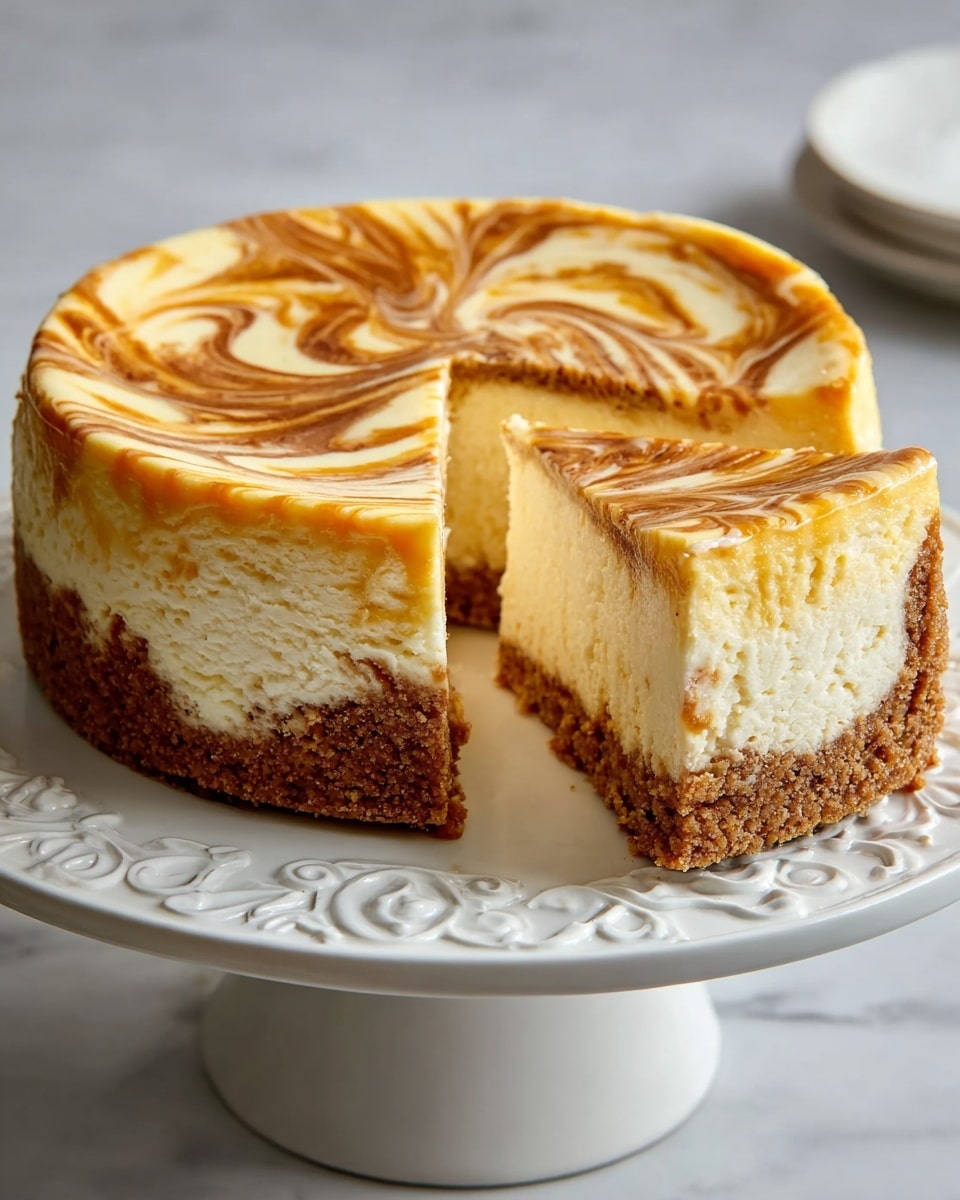 A round cheesecake with three visible layers is displayed on a white plate with intricate edge designs on a white marbled texture. The bottom layer is a thick, crumbly brown crust. The middle layer is a thick, creamy pale yellow cheesecake. The top layer has a smooth cream color with swirls of caramel brown, creating a marbled effect. A wedge slice is cut out, showing the smooth and dense texture inside. The photo taken with an iphone --ar 4:5 --v 7