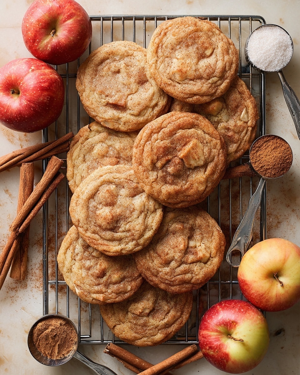 A group of golden-brown cookies with a slightly cracked surface, showing a soft and chewy texture, are stacked in two layers on a metal cooling rack. The cookies have small chunks and specks of cinnamon inside, giving a warm spice feel. Around the cookies, there are three red and yellow apples with smooth skin, two cinnamon sticks placed diagonally, and two measuring spoons; one filled with brown cinnamon powder and the other with fine white sugar. The entire setup is on a white marbled surface. photo taken with an iphone --ar 4:5 --v 7