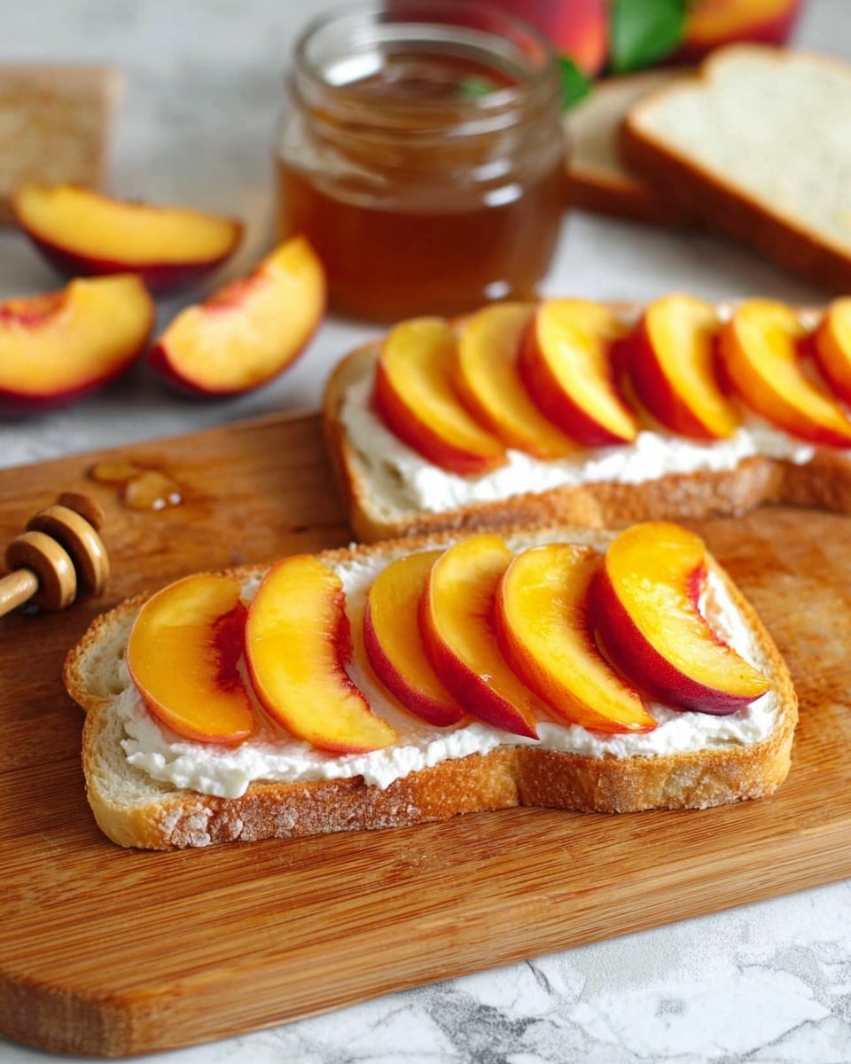 The image shows two slices of white bread on a wooden board, each topped with a thick layer of white cream cheese spread evenly. On top of the cream cheese, there are two rows of fresh peach slices with golden yellow and orange-red colors, placed side by side to cover the bread fully. In the background, a glass jar filled with honey and a honey dipper lay horizontally along with a few whole peach slices scattered nearby and a piece of white bread partially visible. The scene is set on a white marbled texture surface. photo taken with an iphone --ar 4:5 --v 7