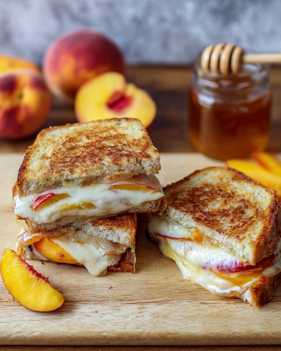 The image shows two toasted sandwiches set on a wooden surface replaced with a white marbled texture. The sandwich on the left is cut in half and stacked; the top half has a golden brown toasted crust with a slightly crispy texture, and the inside reveals melted white cheese and soft slices of orange peach layered with red peach skin, creating a colorful contrast. The bottom half is thicker with more visible cheese and peach slices. To the left of the sandwich, there is a whole peach and sliced peach pieces with orange and red colors, and behind it, a small glass jar of honey with a wooden honey dipper resting inside. The second sandwich on the right is whole, showing a golden toasted top layer and some hints of peach slices and melted cheese peeking out. photo taken with an iphone --ar 4:5 --v 7