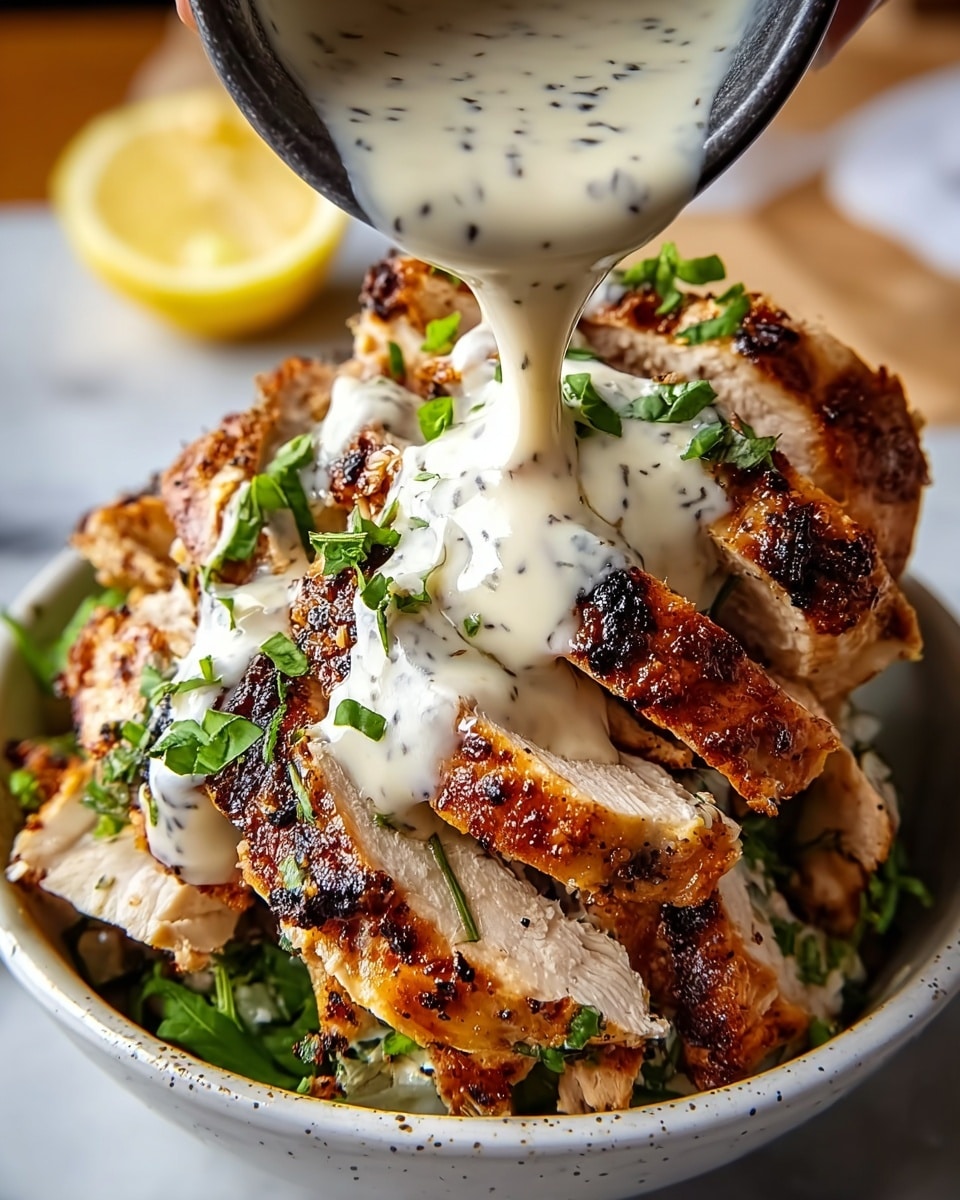 This image shows a white bowl filled with layers of sliced grilled chicken that is golden brown with some charred edges, topped with small fresh green herb leaves scattered all over. Creamy white sauce with small black specks is being poured from above onto the chicken, creating a smooth, thick texture over the meat. The bowl rests on a white marbled surface with a lemon wedge visible blurred in the background. A woman's hand is partly seen holding the container of sauce. photo taken with an iphone --ar 4:5 --v 7