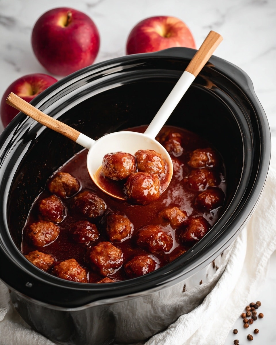 A black slow cooker is filled with about three layers of small meatballs covered in shiny, thick reddish-brown sauce. A white ladle with a wooden handle is scooping up three meatballs from the middle. Around the slow cooker are two shiny red apples on a white cloth and one red apple resting directly on a white marbled surface with scattered small brown peppercorns. photo taken with an iphone --ar 4:5 --v 7