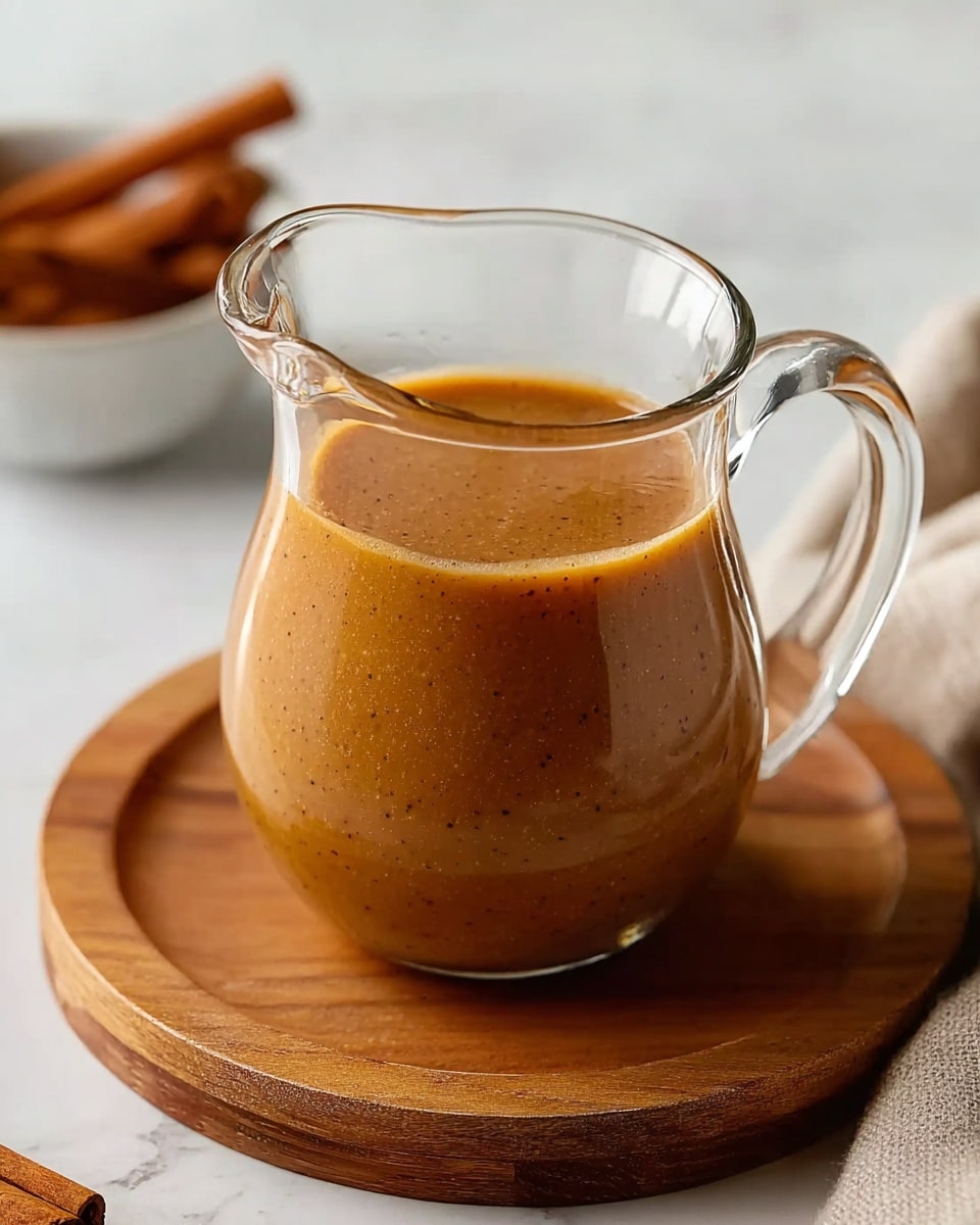 A clear glass pitcher filled with a smooth, thick sauce that is caramel brown with tiny dark specks evenly spread throughout, resting on a wooden board, with a blurred background showing some cinnamon sticks. The pitcher is rounded with a small spout and a sturdy handle, with the sauce nearly filling it up to the top edge. The scene is set on a white marbled texture. photo taken with an iphone --ar 4:5 --v 7