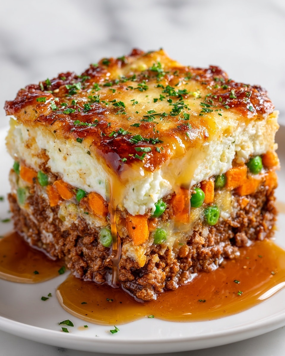 A thick square slice of layered casserole sits on a white plate against a white marbled surface, showing three main layers. The bottom layer is dense ground beef with a rich brown color and juicy texture. Above that is a colorful layer of diced vegetables including bright orange carrots and green peas mixed with melted cheese, which stretches slightly down the sides. The top layer is golden brown melted cheese with a bubbly, slightly crispy texture, scattered with finely chopped green herbs. The melted cheese drips slightly down the edges, creating a glossy look, and a small pool of sauce surrounds the bottom on the plate. Photo taken with an iphone --ar 4:5 --v 7