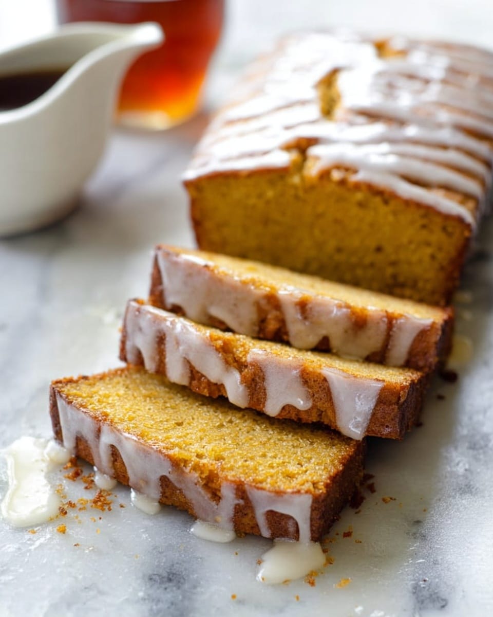 The image shows a white rectangular loaf cake, sliced with about five pieces visible. The cake has a golden brown color with a moist texture, and a thin layer of white glaze drizzled unevenly over the top and drips down the sides. The slices are arranged in a slightly overlapping manner on a white marbled surface. In the background, there is a white gravy boat filled with a dark amber liquid, slightly out of focus. photo taken with an iphone --ar 4:5 --v 7