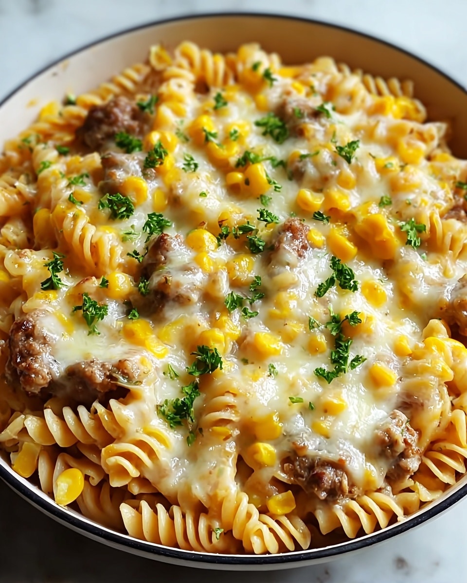 A close-up view of a baked pasta dish in a white bowl, showing three main layers: at the bottom, there are beige spiral pasta pieces that look soft and well-cooked; the middle layer has chunks of brown cooked meat and bright yellow corn kernels spread evenly; the top layer is melted creamy white cheese, slightly browned in some places, sprinkled with small pieces of fresh green parsley for color contrast. The bowl sits on a white marbled texture surface. photo taken with an iphone --ar 4:5 --v 7
