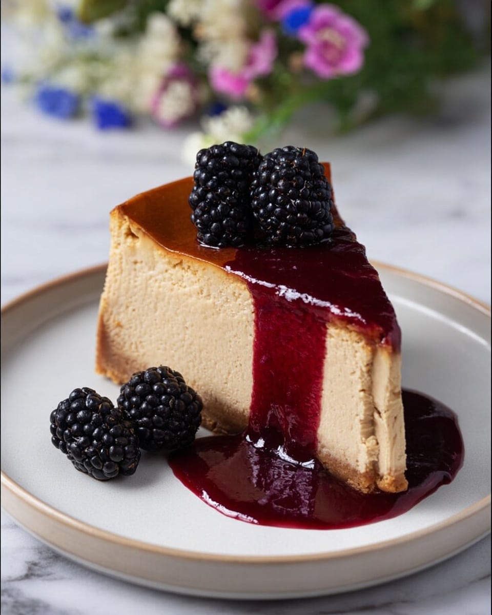 A slice of light brown cheesecake with a smooth, dense texture sits on a white plate. The cheesecake has a slightly darker, caramelized top layer. A thick, deep red berry sauce covers the middle section and drips down the sides, pooling on the plate. Two large, fresh blackberries are placed on the sauce, one on top of the cheesecake and one on the plate beside it. The plate rests on a white marbled surface with blurred flowers in the background. Photo taken with an iphone --ar 4:5 --v 7